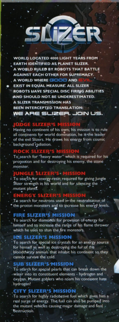 Misiones de los Slizers en el catálogo de LEGO UK de 1999